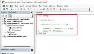 Visual Basic code generated for a macro in Excel